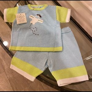 NWT *Zackali 4 Kids* AIRPLANE Top & Shorts Set: Hand-Knitted 100% Cotton … 18M